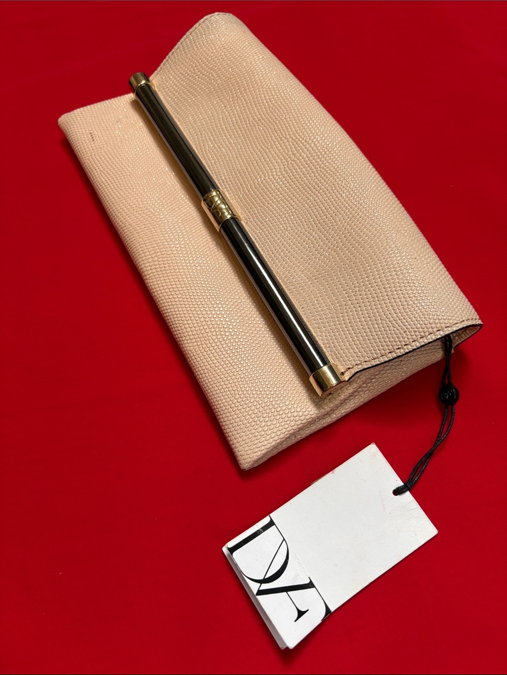 Diane Von Furstenberg 440 EVLP Shimmer Emb Lizard pink dust clutch! NWT!!
